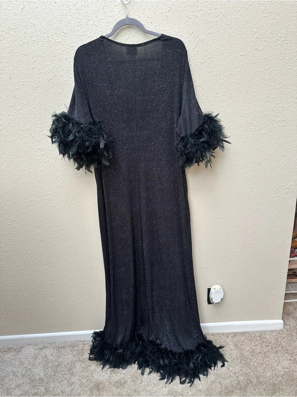 VTG 2X Black Sequin Feather Trim Maxi Dress Flare Sleeve Glam Witchy Whimsigoth